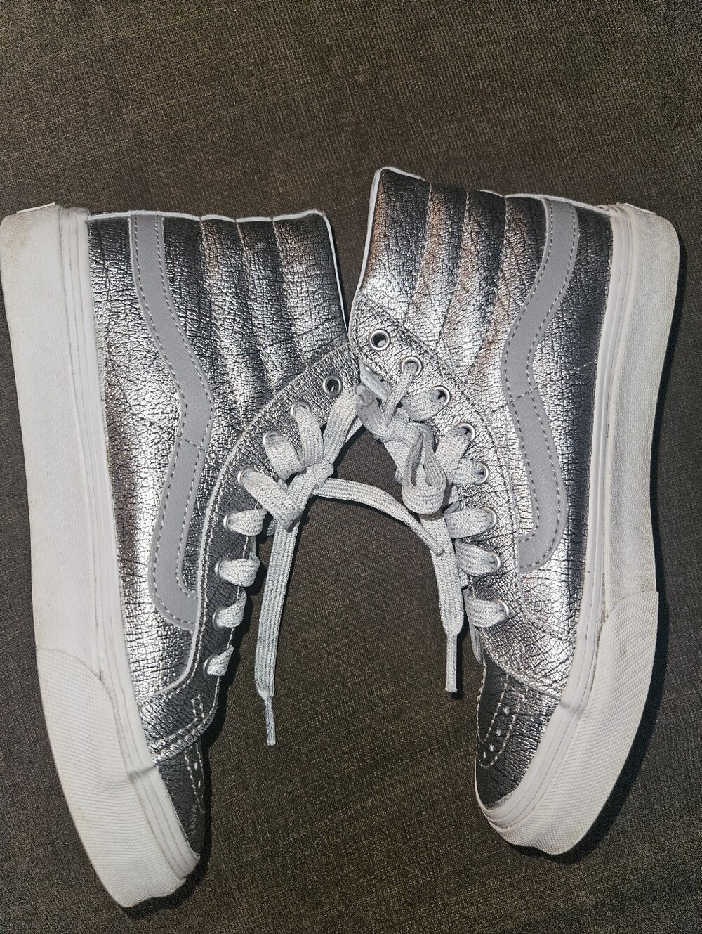 Vans Shoes High Metallic Silver Leather Skateboard Fashion Mens 5.5 Women's 7